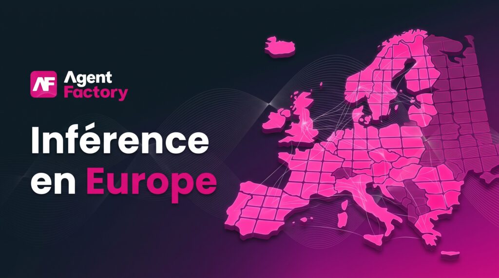 Carte de l’Europe en relief rose, parcourue de flux de données lumineux, à côté du titre « Inférence en Europe » et du logo Agent Factory.