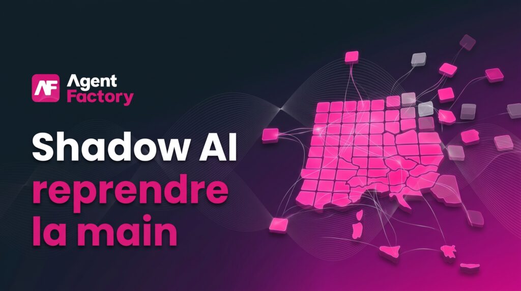 Shadow AI, reprendre la main ». Des tuiles roses connectées convergent pour former une grille ordonnée, tandis que quelques tuiles grises restent dispersées à l’écart.